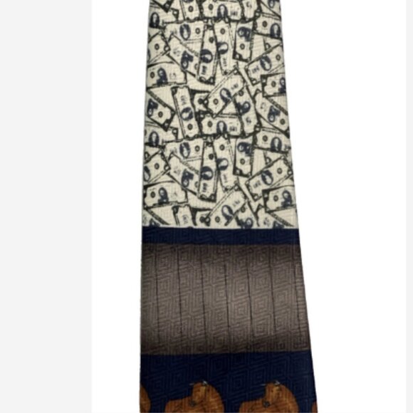 Renaissance Hand Made Tie Classic Cut Blue/Brown/White Cash Cow 100% Polyester - Picture 4 of 4